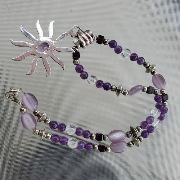 925 Sterling Amethyst Sun Pendant on Beaded Chain - Picture 2 of 7